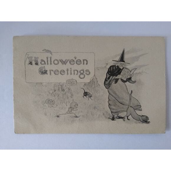 Halloween Postcard Fantasy Running Goblins Witch Black Cat Hay Barton & Spooner - Picture 2 of 5